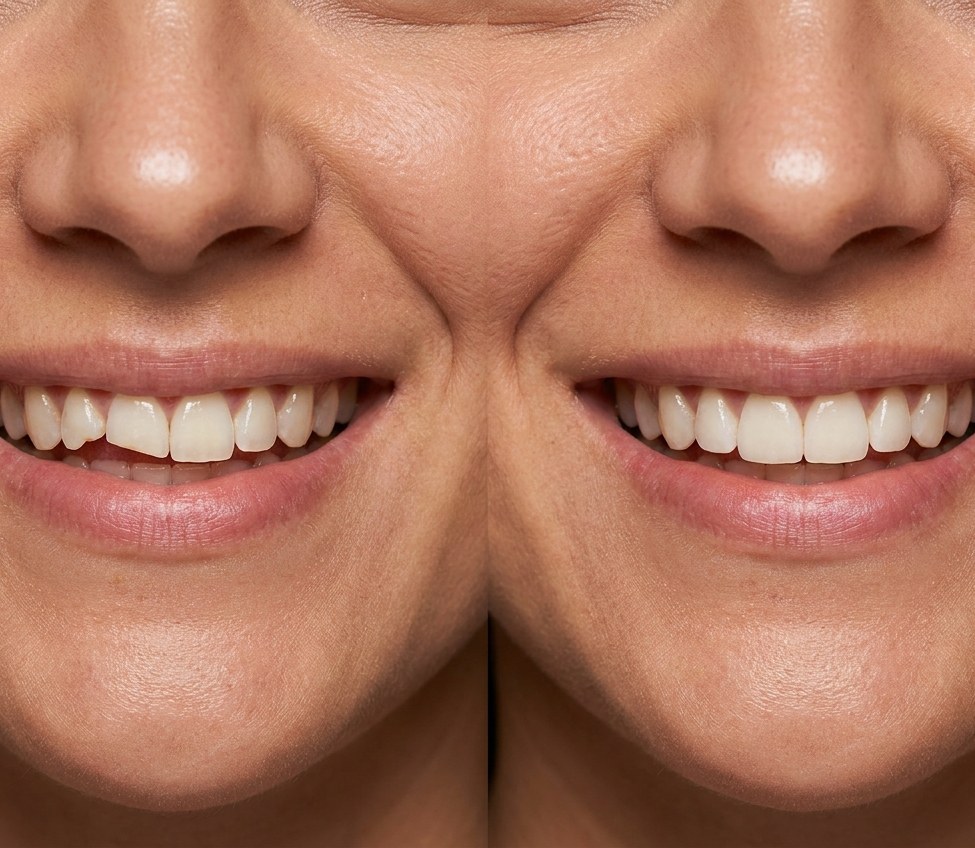 Before and after a chip repaired with dental bonding at ANEWU
