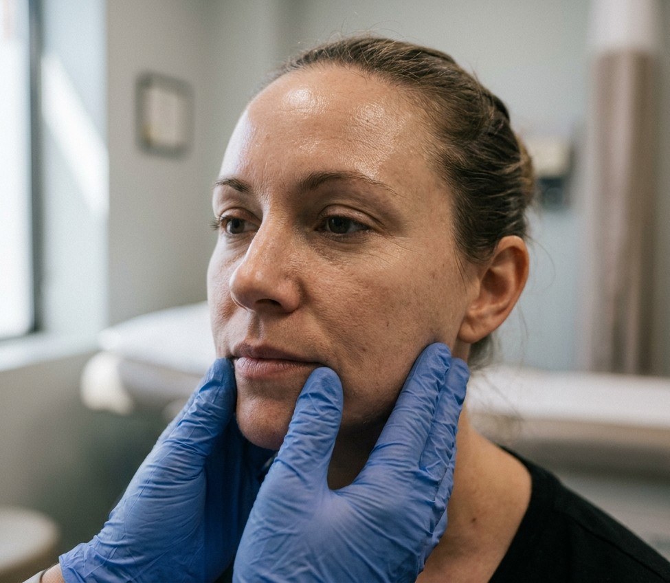 A clinician assessing cheek fullness during a buccal fat removal consultation at ANEWU