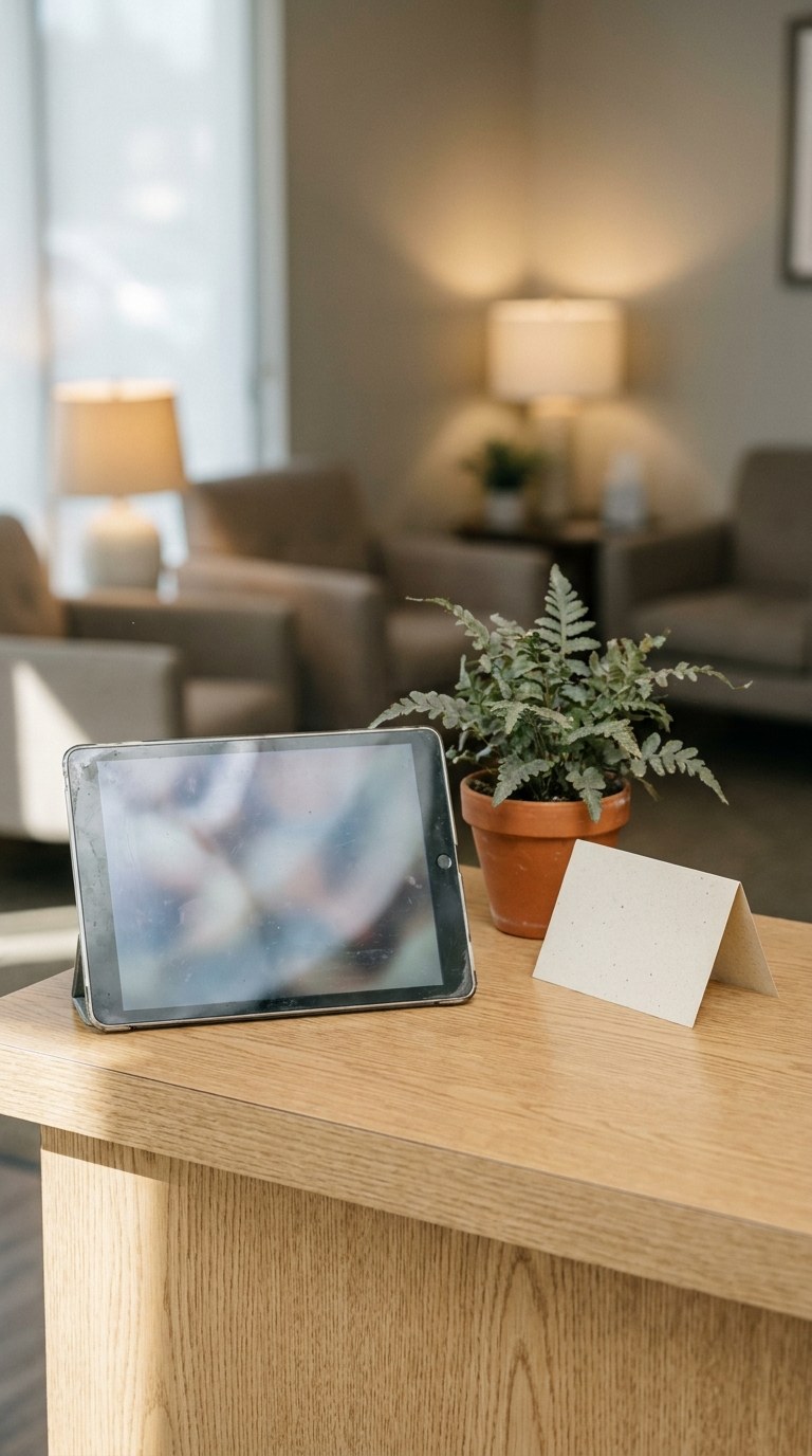 A tablet at the front desk, ready for a first visit check-in