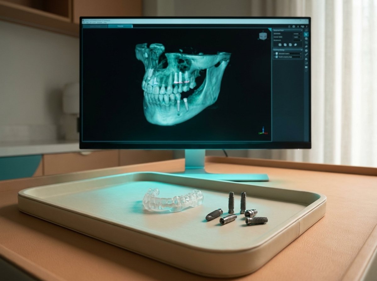 3D jaw scan and implant plan on a monitor