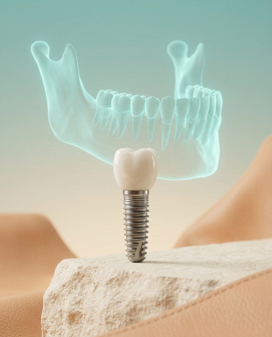 Dental implant model beside a 3D jaw scan